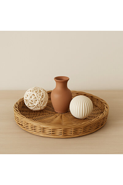 Joujou El Yapımı Rustik Rattan Tepsi – 33 cm Çap | Doğal Rattan Dekoratif Servis