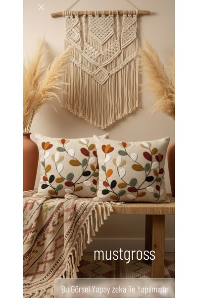 Mustgross Punch Nakışlı 2adet Kırlent Kılıfı 43x43cm Dekoratif Keten Kırlent KIlıfı