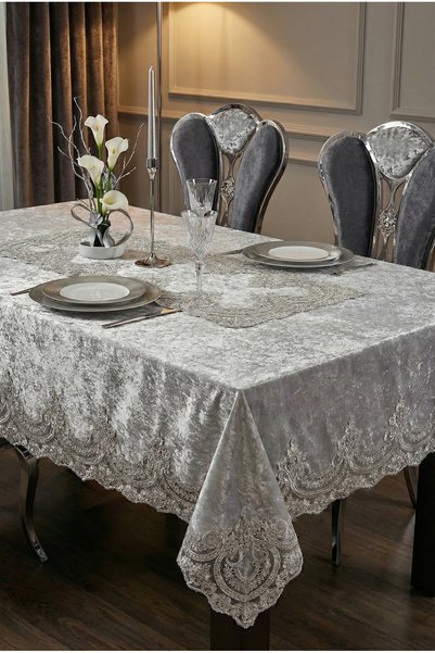 Generic Brand Gray Velvet Tablecloth 160x220 Cm Luxury French Laced Stain Resistant