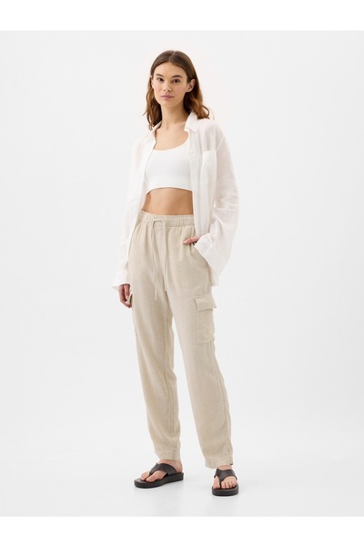 GAP Kadın Bej Mid Rise Easy Keten Karışımlı Kargo Pantolon