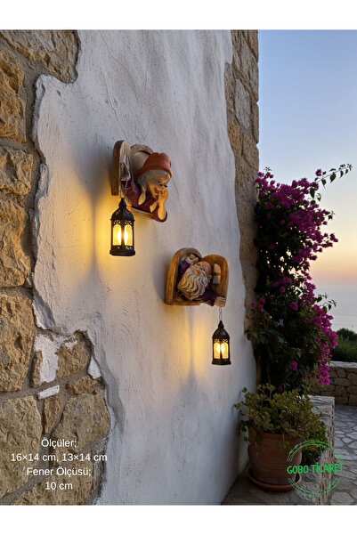 Gobo Fenerli Dekoratif Cüce Figürlü Dede ve Nine 2li Set Duvar ve Kapı Lambası–LED Işıklı (Renk Seçeneği)
