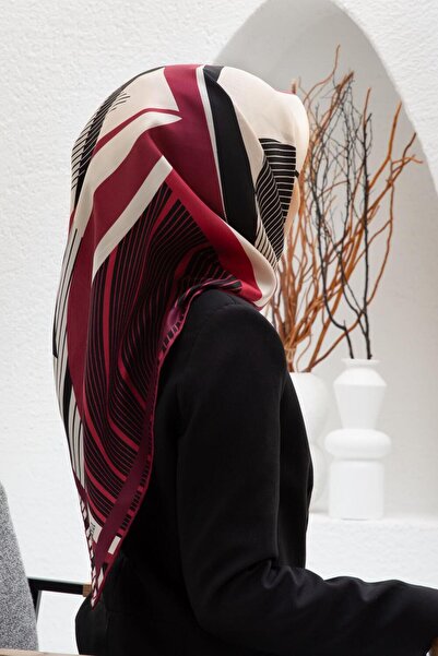 Vissona 100% Twill Silk ριγέ γεωμετρικό σχέδιο κόκκινο - κρεμ χρώμα 90x90 Φου...