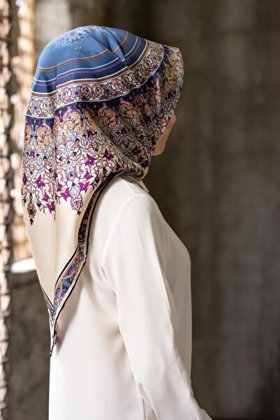 Vissona 100% Twill Silk Shawl με σχέδιο Indigo Χρώμα 90x90 Σχήμα ραπτικής κασκόλ: Ράψιμο στο χέρι