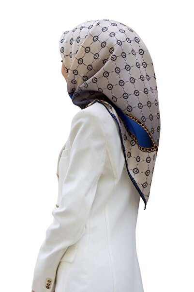 Vissona Lanț de mătase twill Monogram Crem și Saks Colorat 90x90 Plantare eșarfă