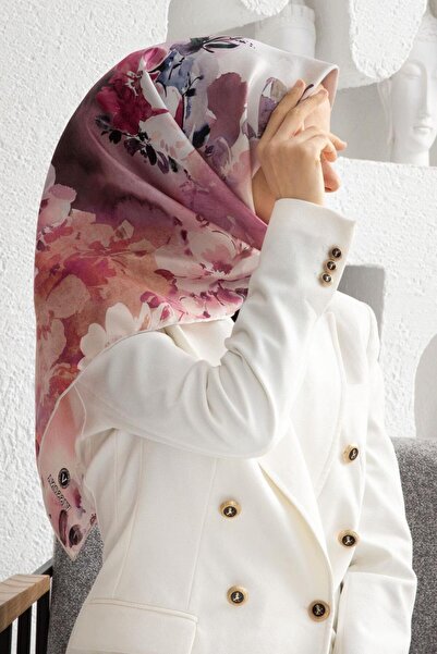 Vissona Eșarfă 100% mătase twill cu model floral, culoare crem pudră, 90x90, ...