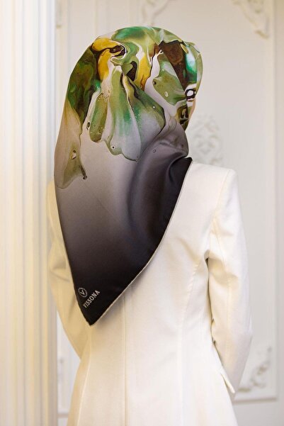 Vissona %100 Twill İpek Batik Çiçek Desenli Haki Yeşili - Zümrüt Yeşili Renkl...