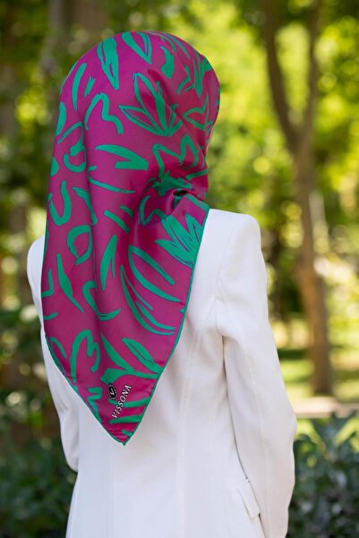Vissona %100 Twill İpek Büyük Çiçek Desenli Fuşya - Koyu Mint Yeşili Renkli 9...