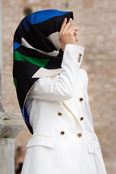 Vissona %100 Twill İpek Geometrik Desenli Zümrüt Yeşili - Saks Renkli 90x90 E...