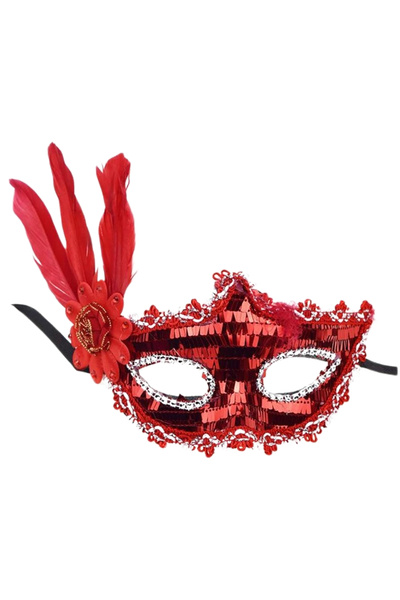 ReilaParty Kırmızı Renk Yandan Tüylü Güllü Parti Balo Maskesi