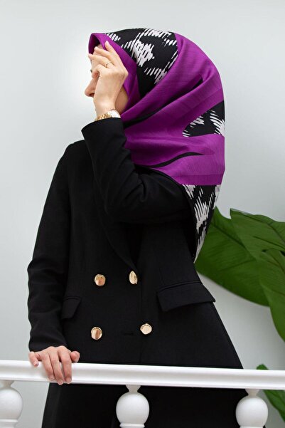 Vissona 100% mătase twill cu model houndstooth fuchsia - culoare neagră 90x90 eșarfă cu cusătură la marginea formei cusute manual