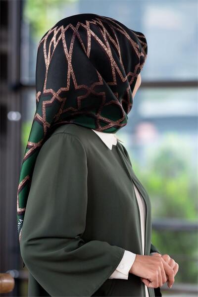Vissona %100 Twill Türk Motifi  Desenli Zümrüt Yeşili Renkli 90x90 Eşarp Diki...