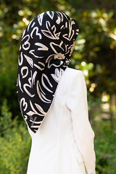 Vissona 100% mătase twill model flori mari negru - culoare crem 90x90 eșarfă ...