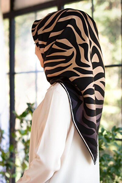 Vissona %100 Twill İpek Zebra Desenli Bej - Siyah Renkli 90x90 Eşarp Dikim Şe...