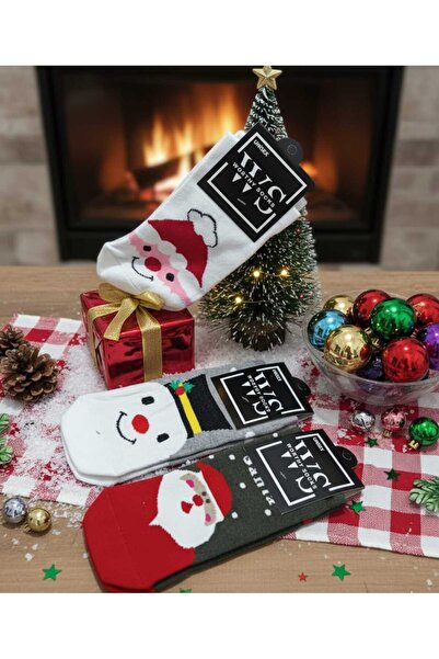 Miyoste 3 Çift Yılbaşı Christmas Noel Baba Desenli Yılbaşı Çorap