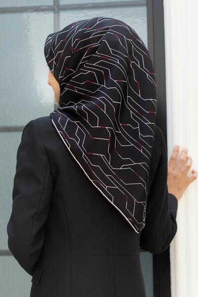 Vissona Eșarfă din twill de mătase geometrică cremă neagră - 90x90 cusut manual