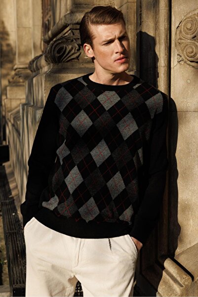 Desen Triko Μαύρο ανδρικό πουλόβερ - O-neck, Argyle