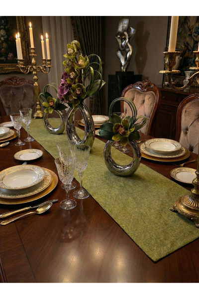 Finezza Linen Baskılı Pamuk/Keten Haki Runner 40*140 cm - 948