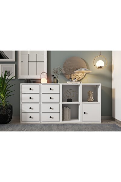 Nettrends Raflı Dolaplı Çekmeceli Şifonyer Beyaz 130 cm Sfn-1030-ç