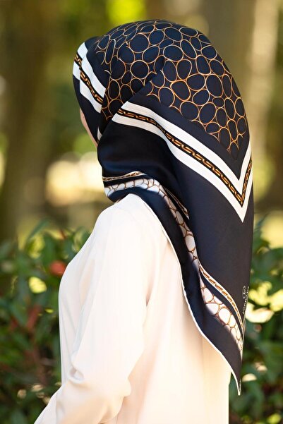 Vissona %100 Twill İpek Gold Halka Desenli Lacivert - Krem Renkli 90x90 Eşarp...