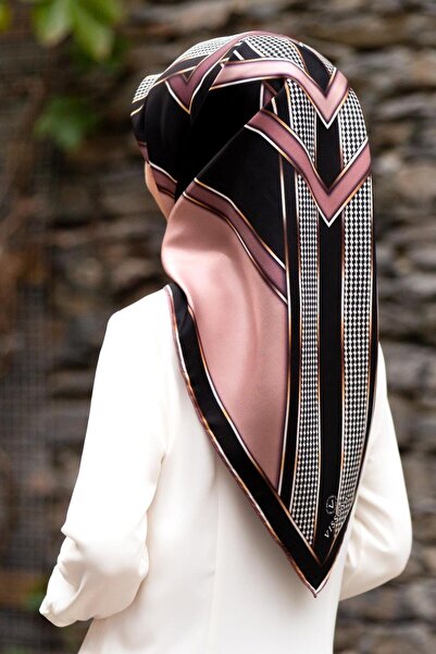 Vissona %100 Twill İpek Kareli Kazayaklı Desenli Gül Kurusu - Siyah Renkli 90...