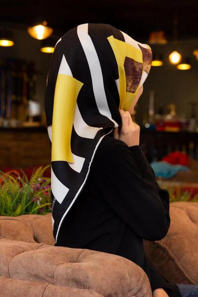 Vissona %100 Twill İpek Karo Desenli Limon Sarısı - Siyah Renkli 90x90 Eşarp ...