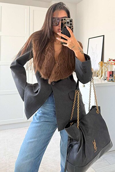 LUV STUDİOS CO Gri Geniş Kürk Yakalı (Yaka kürk çıkabilir) Belden Oturtmalı B...