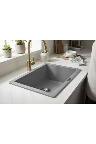 HENASURFACE Granit Eviye 1 Gözlü Gri 55x43 Tezgah Altına Uygun Granit Evye Kuvars