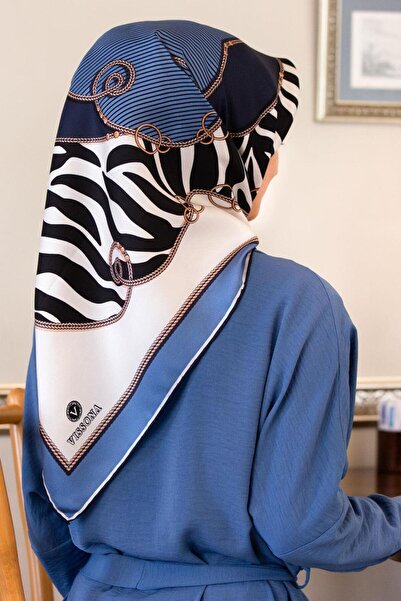 Vissona Eșarfă 100% mătase twill cu lanț și model zebră, culoare indigo - bleumarin, 90x90, formă de cusut: cusut manual