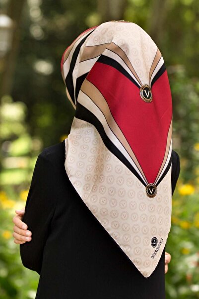 Vissona 100% mătase twill cu monogramă și model geometric, culoare burgundă -...