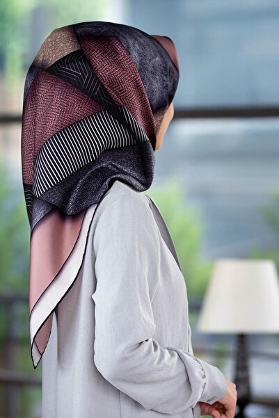 Vissona %100 Twill İpek Dokulu ve Geometrik Desenli Pudra - Gri Renkli 90x90 ...