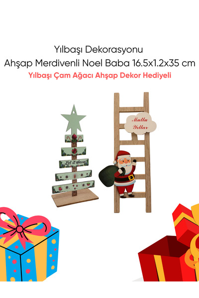 ÖZBEK Yılbaşı Dekorasyonu Ahşap Merdivenli Noel Baba 16.5x1.2x35 cm