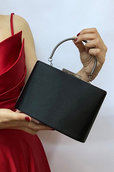 NAZART Kadın Saten Siyah Abiye Clutch Portföy Bayan Çantası