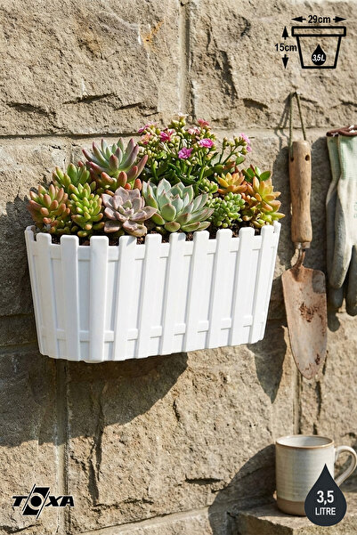 ToXA Akasya Beyaz Duvar Saksısı 3,5 Litre 30cm Drenajlı Bahçe Balkon Plastik Çit Saksı