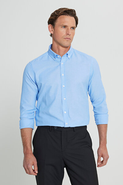 AC&Co / Altınyıldız Classics Pánská košile Oxford Easy-Iron Bavlněná košile proti pocení Modrá Knoflíkový límec Slim Fit Úzký střih