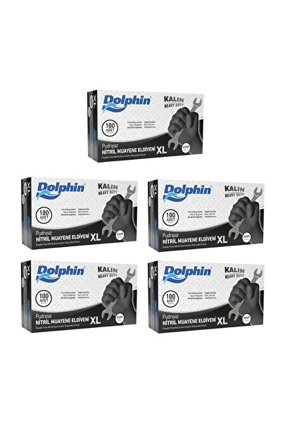 Dolphin Siyah Nitril Eldiven Pudrasız Ekstra Kalın (XL Beden) 100lü Paket 5 Adet