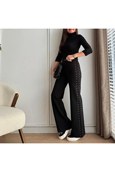 Karol Atabey Giyim Tekstil Zımba Detay İspanyol Paça Pantolon Siyah