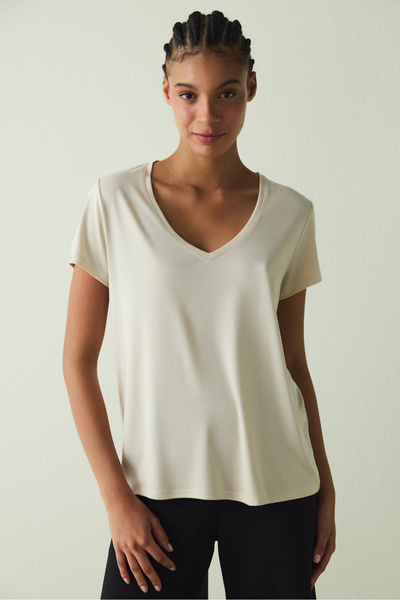 Penti Beige V-Neck Short Sleeve Modal T-Shirt