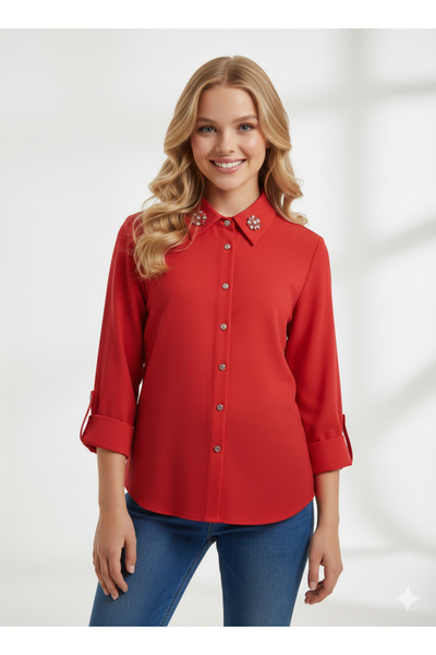 ribana Women's Model Comfortable Cut Buttoned Long Sleeve Shirt