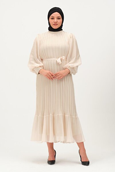 GLR&GYM İLKNUR KADIN TESETTÜR GENÇ BALON KOL PİLİSELİ ŞİFON ABİYE