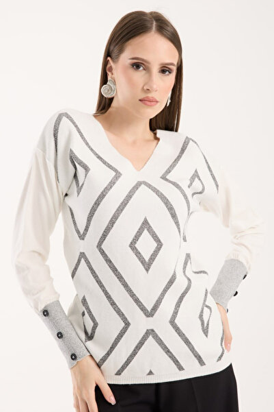 Moda Days Women's White Glitter V-Neck Sweater