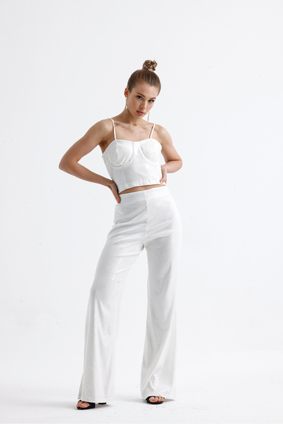 Sense White Sequined Wide Leg Trousers - Pnt32440