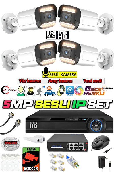 J-TECH 5MP IP Sesli Renkli Gece Görüşlü 4 Lü Akıllı Güvenlik Kamera Seti – Yüz ve Araç Tanıma