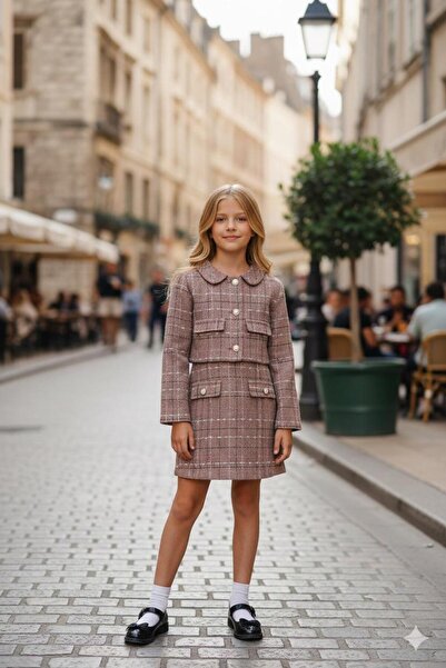 Hilal Akıncı Kids Girl's Fabric Gold Buttoned Crop Jacket Ornamental Pocket D...