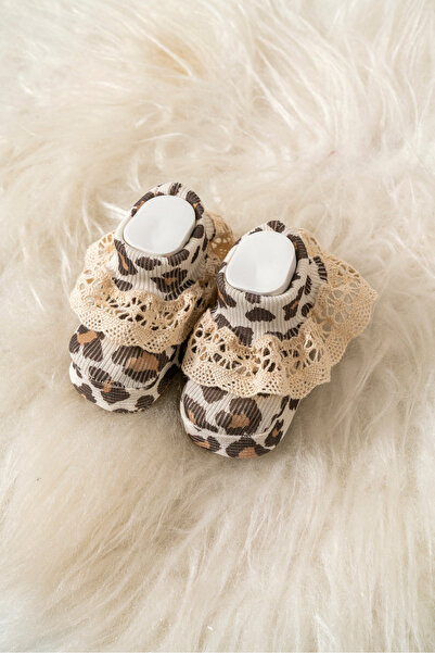 Polpuf Fitilli Esnek Leopar Desenli Bebek Patiği Dantel Detaylı