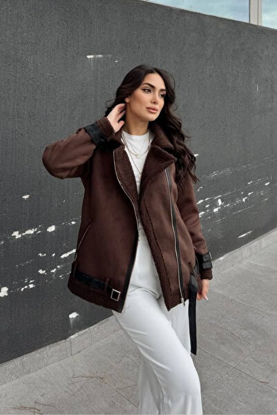 Sindimoda Yeni Sezon Süet Kaplama Biker Oversize Kaban
