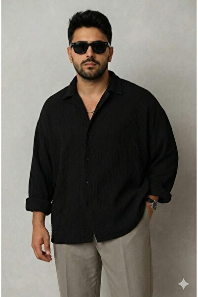 bb butik basic Erkek Ütü İstemeyen Oversize Bürümcük Gömlek SİYAH