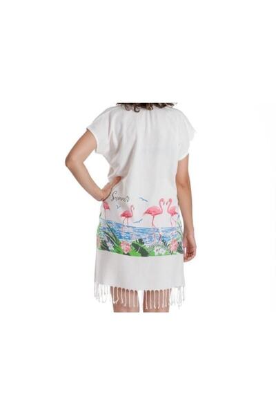 Nevin Acar Women's White Flamingo Patterned Peshtemal Beach Dress
