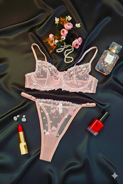 ARONA N&b Pembe Kalpli Dantelli Bralet Brode Seksi Sütyen Takım