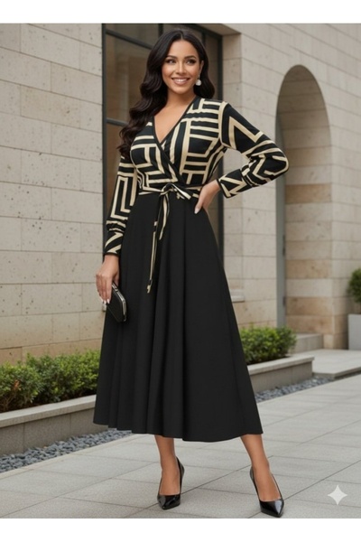 oniks store   Women's Long Sleeve Double Breasted Collar Plunging Crepe Midi ...