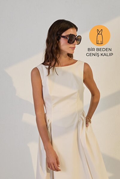 Setre Rochie cremă fără mâneci, cu talie încastrată, cu croiala largă, lungime midi